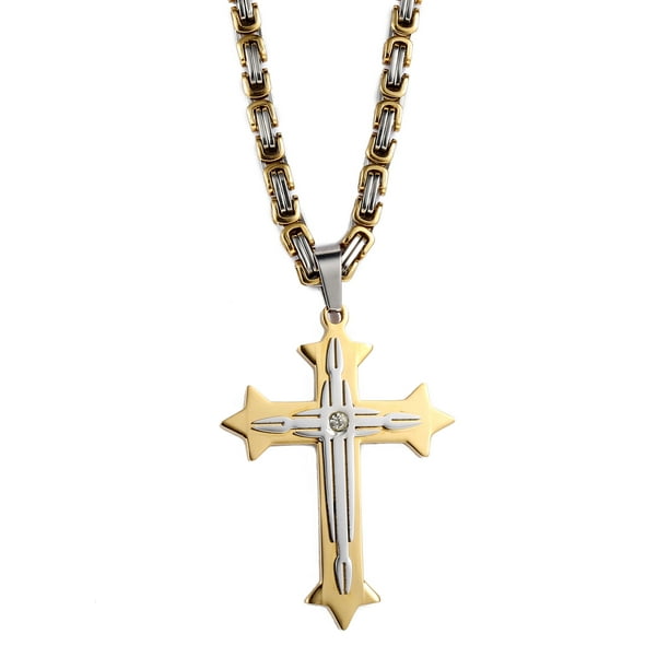 Men Cross Religious Pendant Necklace Stainless Steel Big Cross Statement Necklaces Jewelry Church Charms with 24 Inch Chain Silver with Chain 